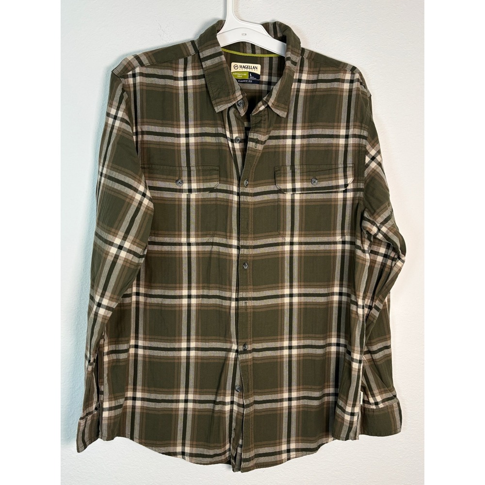 Magellan Outdoors Mens Large Green Plaid Flannel Shirt Adventure Gear Classic